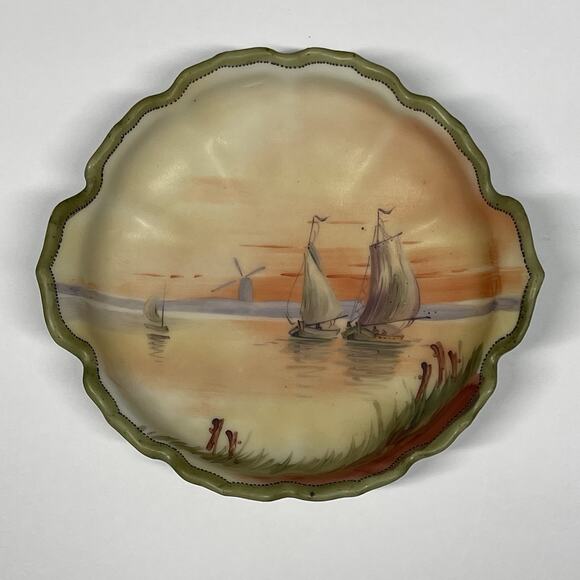 Old Noritake Handpainted Vase & Dish Sailing Ship Windmill Japan - Picture 13 of 16